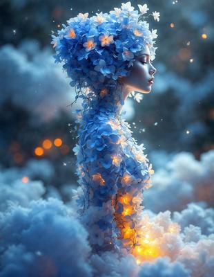 The primary subject of the image is a woman with a blue headpiece, which appears to be a flower crown. She is standing in a cloudy environment, which serves as the setting for the scene. The visual style of the image is digital art, as it is a well-crafted and detailed illustration. The dominant colors in the image are blue and white, creating a serene and dreamy atmosphere.